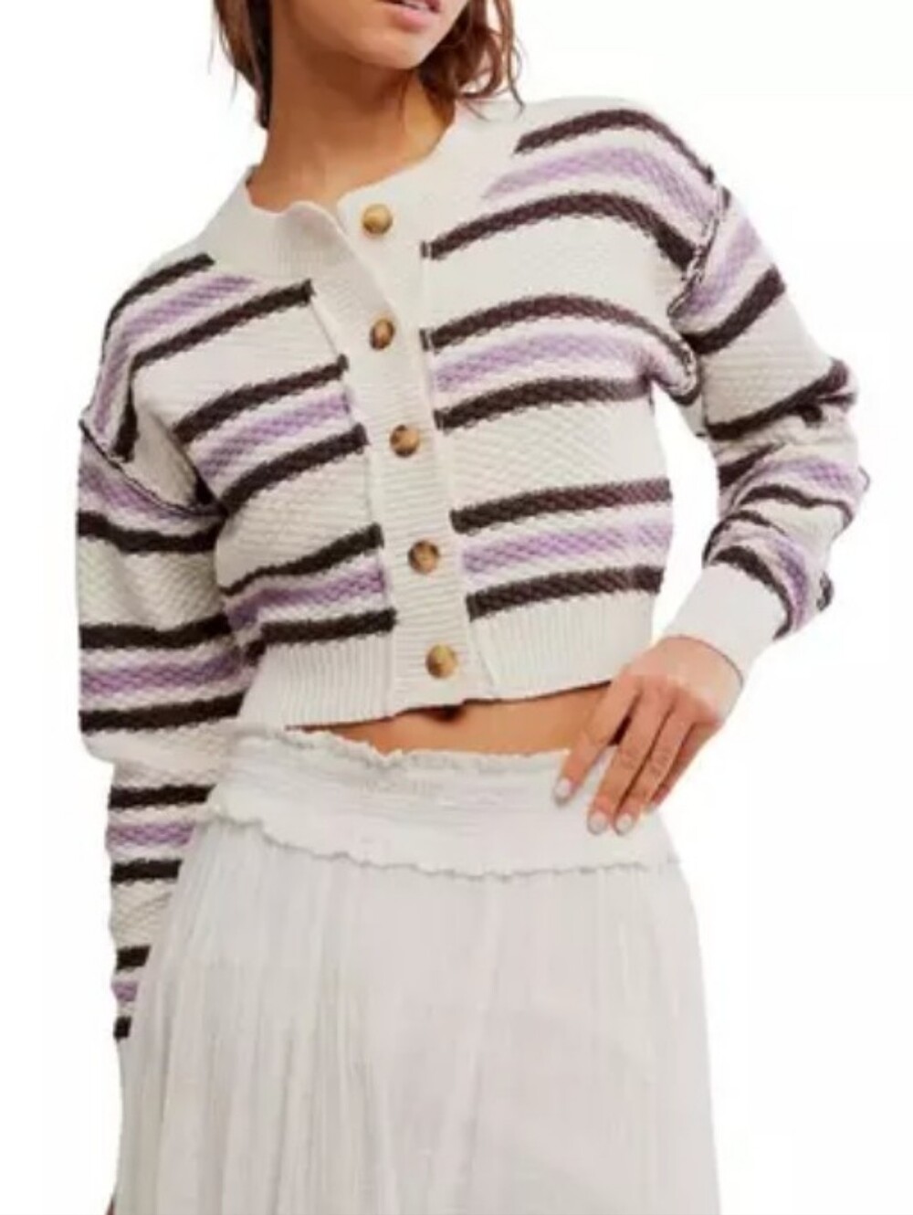Free People Ivory Striped Cropped Cardigan with Purple and Black Accents